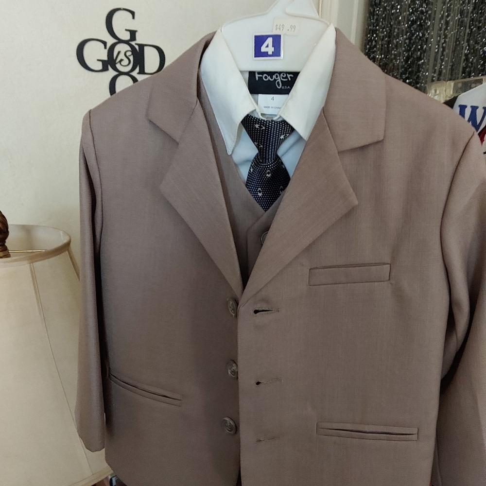Little boy suit made my Fouger four pieces, size 4, light brown in color